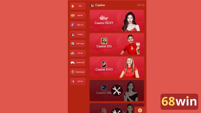 Danh mục live casino uy tín tại nhà cái 68win