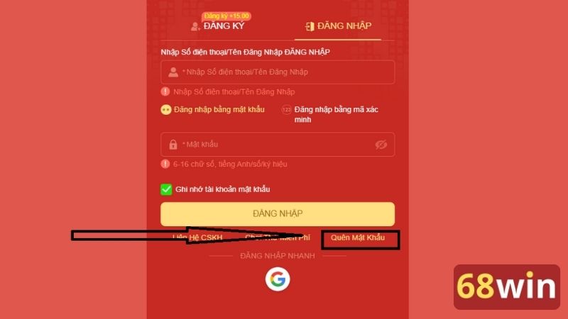 Người chơi nhấn vào mục quên mật khẩu tại biểu mẫu đăng nhập